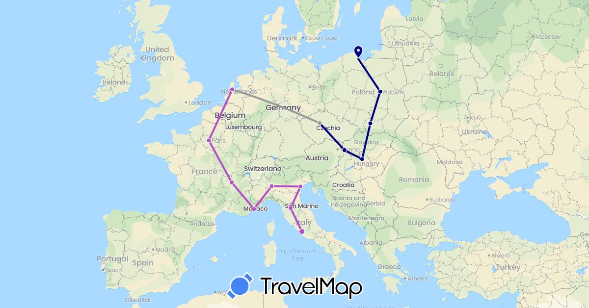TravelMap itinerary: driving, plane, train in Czech Republic, France, Hungary, Italy, Netherlands, Poland, Slovakia (Europe)