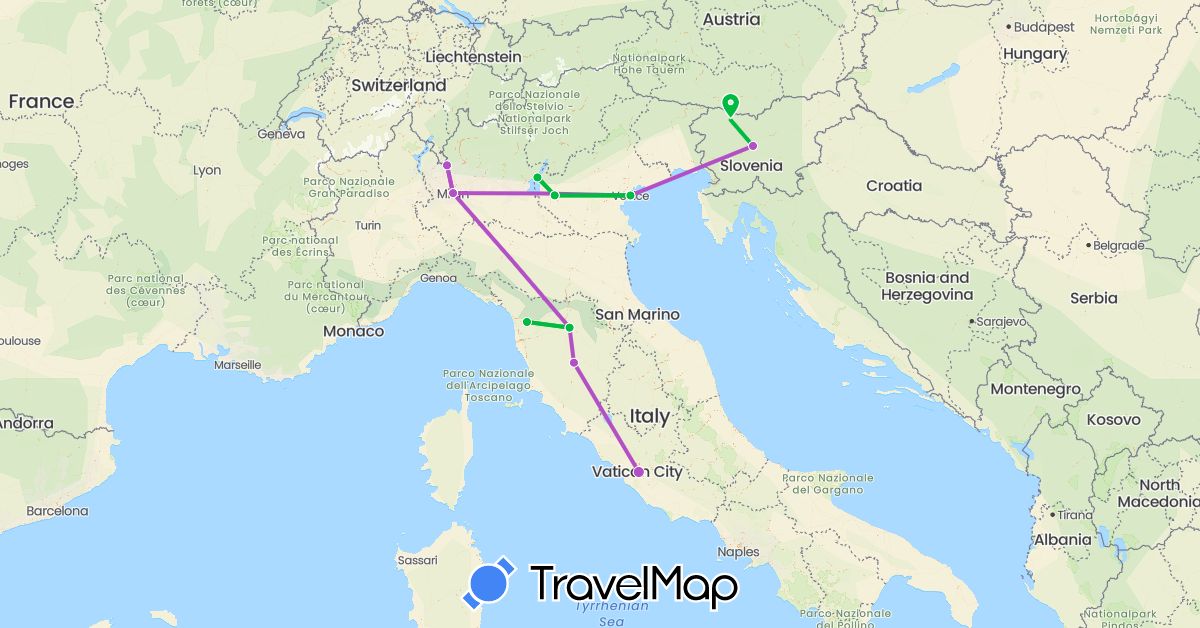 TravelMap itinerary: driving, bus, train in Italy, Slovenia (Europe)